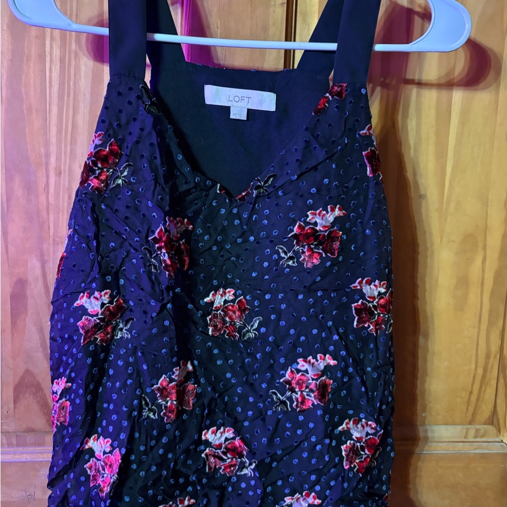 LOFT Black Floral Sleeveless Camisole with Red Rose Print